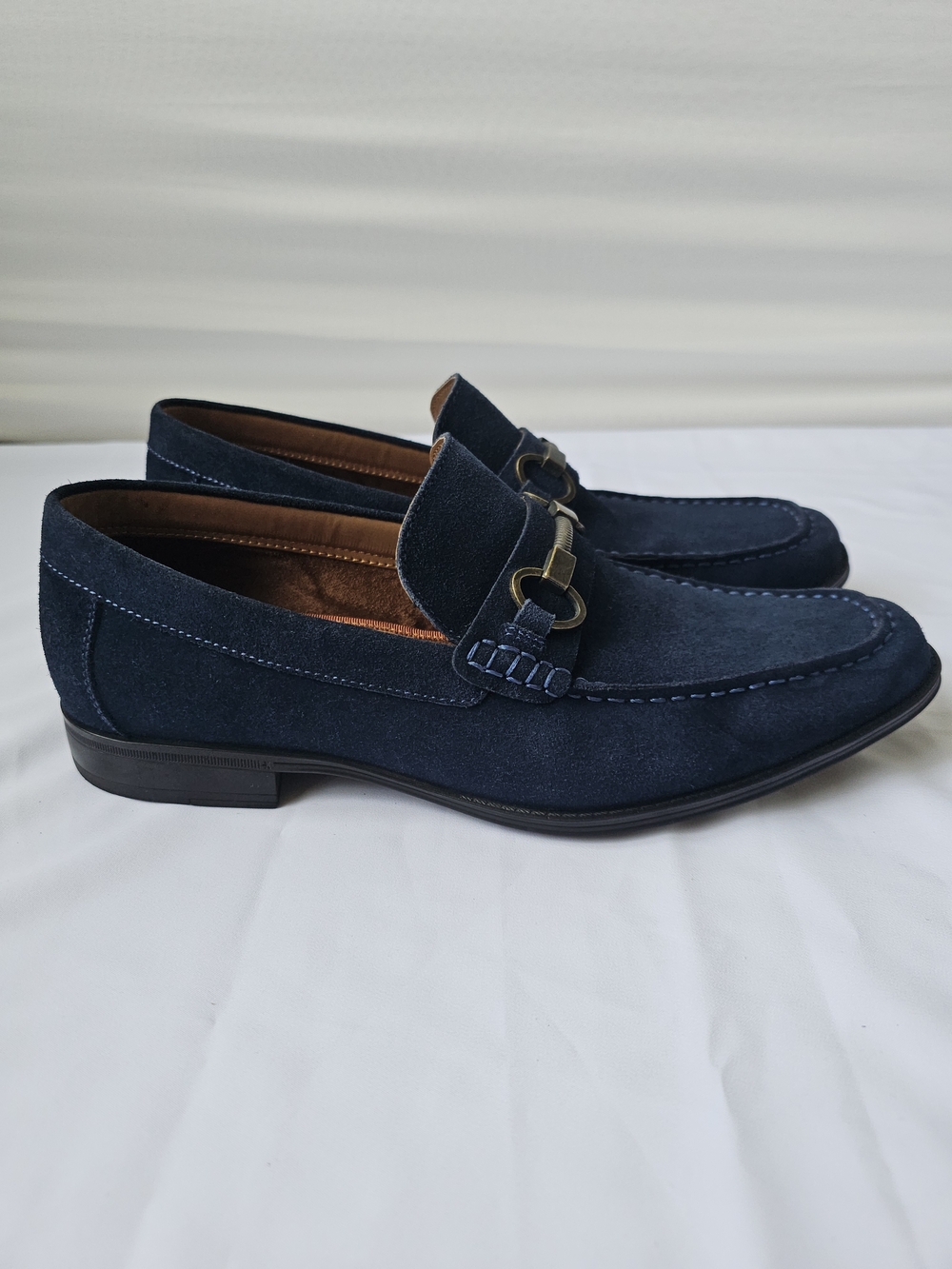 Steve Madden Navy Suede Bit Loafers with Brass Hardware